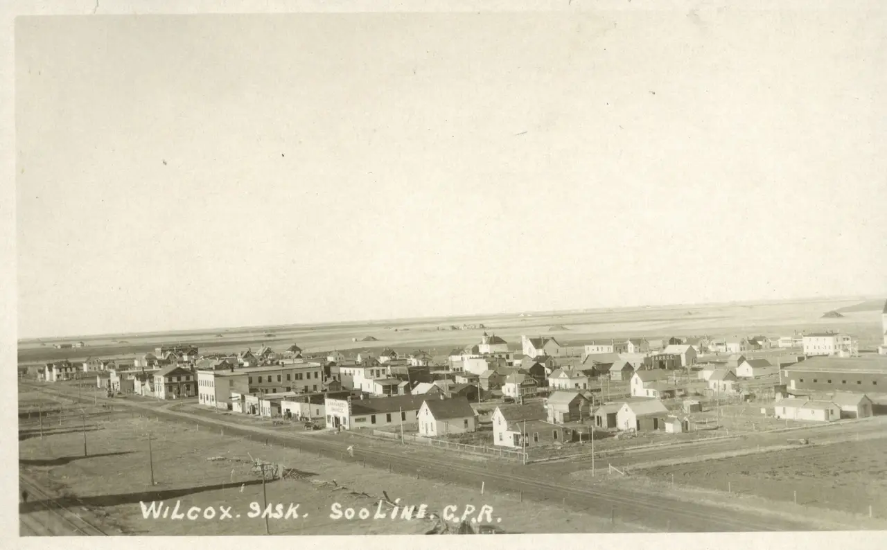Elevated view of Wilcox along the Soo Line, about 1920